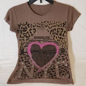 Drab‎ Brown "Brooklyn, NYC" Animal Print Bling Tee